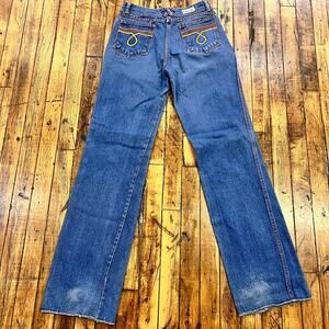 vintage 1970's women's bootcut distressed embroidered jeans medium wash 28x33
